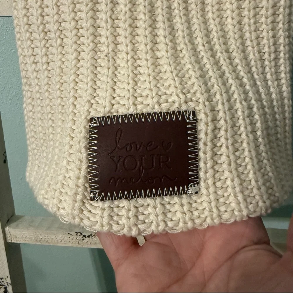 Love Your Melon Slouch Cream Knit Beanie with Leather Patch Women